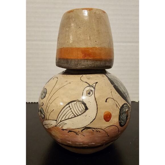 Vintage Floral Dove Tonala Burnished Pottery Water Jug Tumble Up Carafe w/ Cup - Picture 1 of 8